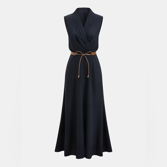 Commense Dresses & Skirts - Commense Navy Sleeveless Midi Dress with Brown Tie Belt